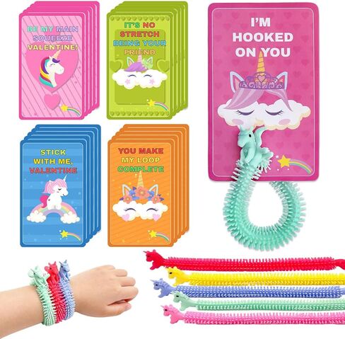 Valentines Day Cards for Kids School, 25 Pcs Stretchy String Unicorn Toys, Stress Relief Fidget Toys for Kids Party Favors, Valentines Classroom Prizes Treasure Box Gifts Must Haves in Saudi Arabia