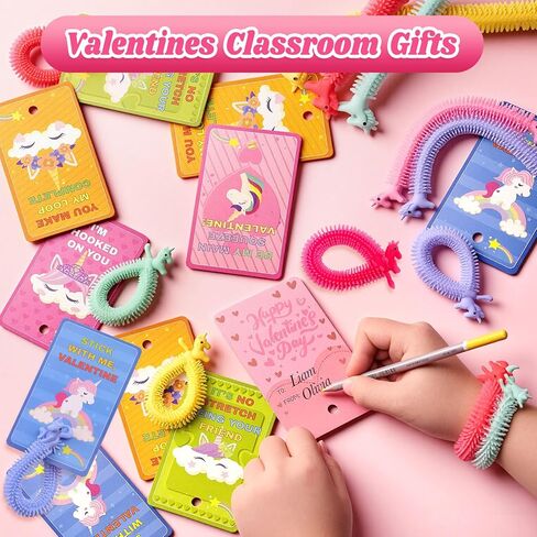 Valentines Day Cards for Kids School, 25 Pcs Stretchy String Unicorn Toys, Stress Relief Fidget Toys for Kids Party Favors, Valentines Classroom Prizes Treasure Box Gifts Must Haves in Saudi Arabia