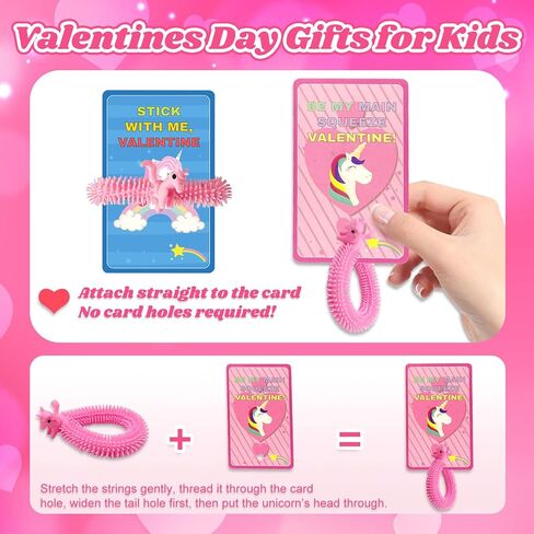 Valentines Day Cards for Kids School, 25 Pcs Stretchy String Unicorn Toys, Stress Relief Fidget Toys for Kids Party Favors, Valentines Classroom Prizes Treasure Box Gifts Must Haves in Saudi Arabia