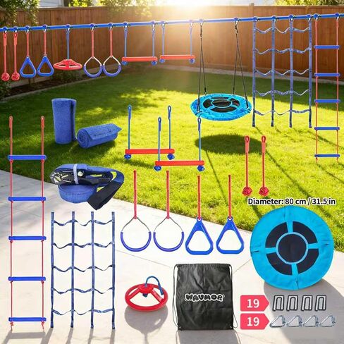 65 FT Ninja Warrior Obstacle Course Swing Set for Kids with 12 Obstacles,Outdoor Playset with Monkey Bars for Backyard in Saudi Arabia