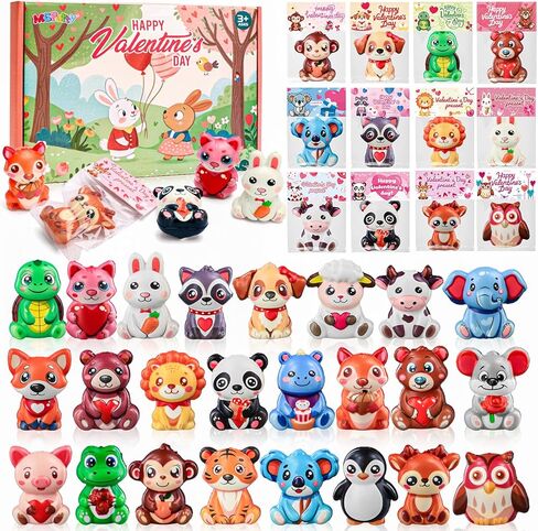 24 Pack Valentines Day Gifts for Kids Classroom, Cute Animal Mochi Squishies Toys with Valentine Cards, Stress Relief Fidget Squeeze Toys for School Classroom Exchange Party Favors Goodie Bag Stuffers in Saudi Arabia