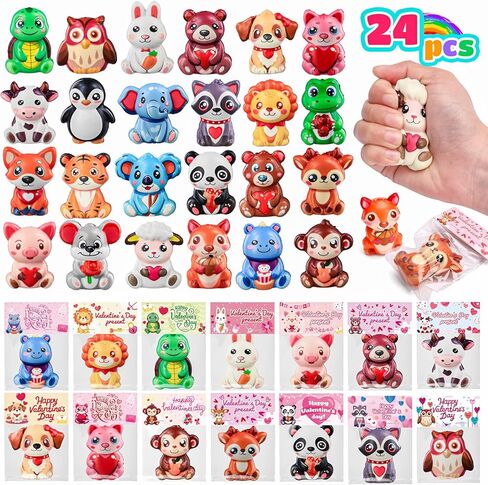 24 Pack Valentines Day Gifts for Kids Classroom, Cute Animal Mochi Squishies Toys with Valentine Cards, Stress Relief Fidget Squeeze Toys for School Classroom Exchange Party Favors Goodie Bag Stuffers in Saudi Arabia