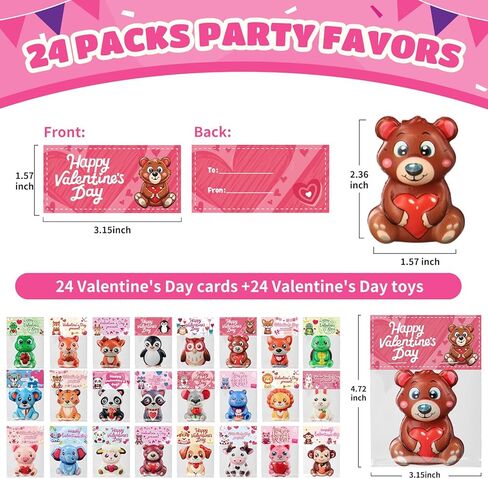 24 Pack Valentines Day Gifts for Kids Classroom, Cute Animal Mochi Squishies Toys with Valentine Cards, Stress Relief Fidget Squeeze Toys for School Classroom Exchange Party Favors Goodie Bag Stuffers in Saudi Arabia
