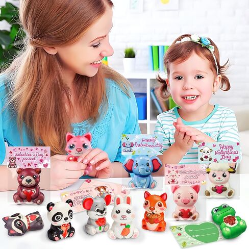 24 Pack Valentines Day Gifts for Kids Classroom, Cute Animal Mochi Squishies Toys with Valentine Cards, Stress Relief Fidget Squeeze Toys for School Classroom Exchange Party Favors Goodie Bag Stuffers in Saudi Arabia