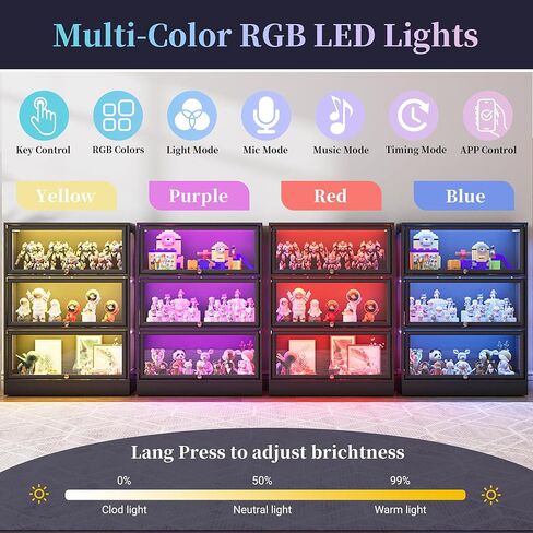 خزانة عرض بأبواب زجاجية أكريليك، خزانة تحف ثلاثية الطبقات مع أضواء RGB للمقتنيات والألعاب، وحقيبة عرض مضاءة مع 4 أرفف، وخزانة كتب أكريليك لغرفة المعيشة وغرفة اللعب والمكتب المنزلي، باللون الأسود in Kuwait