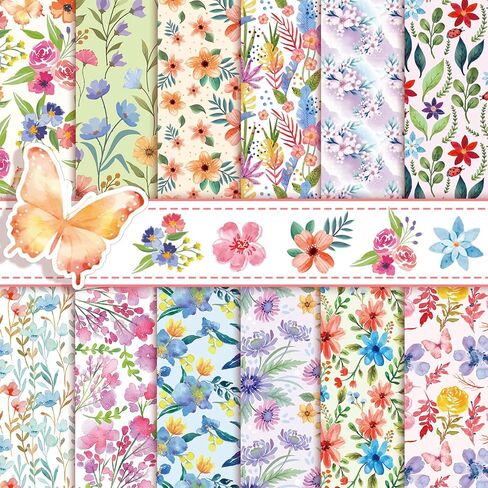 Konsait 24 Sheets Spring Floral Scrapbook Paper 12x12, Double Sided Flower Pattern Paper Spring Decorative Papers Floral Cardstock Pad Origami Papers for Card Making Scrapbook Supplies in Saudi Arabia