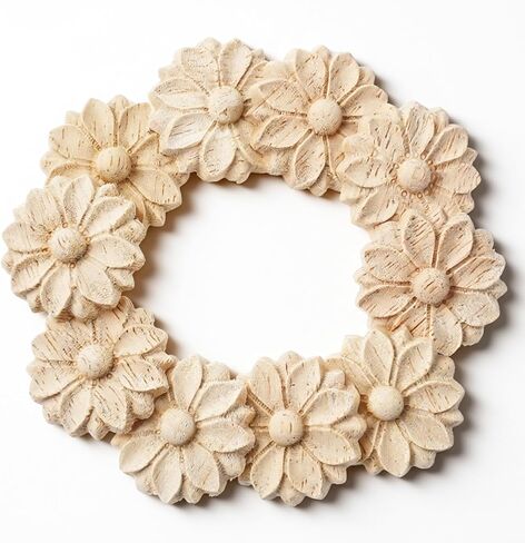 10PCS Wood Round Flower Appliques, Unpainted Wood Appliques Carved Craft Decals for Home Furniture Chests Cabinet Door DIY Decor, 3cm Diameter in Saudi Arabia