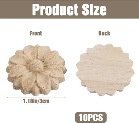 10PCS Wood Round Flower Appliques, Unpainted Wood Appliques Carved Craft Decals for Home Furniture Chests Cabinet Door DIY Decor, 3cm Diameter in Saudi Arabia