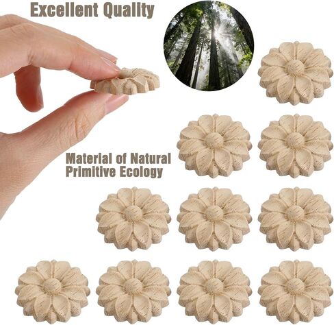 10PCS Wood Round Flower Appliques, Unpainted Wood Appliques Carved Craft Decals for Home Furniture Chests Cabinet Door DIY Decor, 3cm Diameter in Saudi Arabia