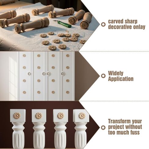 10PCS Wood Round Flower Appliques, Unpainted Wood Appliques Carved Craft Decals for Home Furniture Chests Cabinet Door DIY Decor, 3cm Diameter in Saudi Arabia