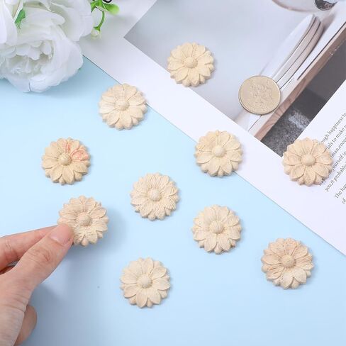 10PCS Wood Round Flower Appliques, Unpainted Wood Appliques Carved Craft Decals for Home Furniture Chests Cabinet Door DIY Decor, 3cm Diameter in Saudi Arabia