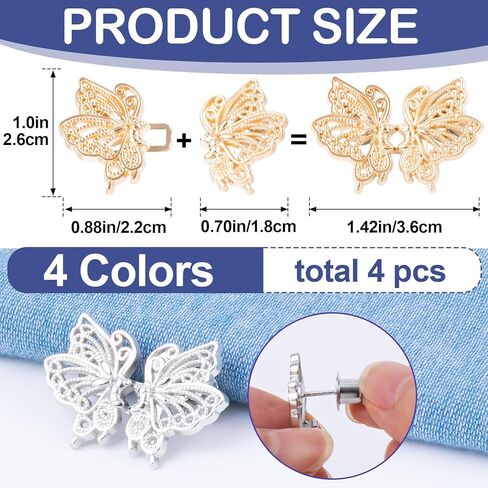 4 Sets Butterfly Waist Tightener Buttons for Pants, Adjustable Metal Jeans Waist Tightener, No Sewing Detachable Butterfly Pin Clips for Women Skirt, Loose Waist-Gold, Silver, Black, Bronze in Saudi Arabia