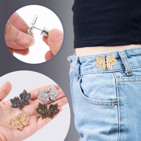 4 Sets Butterfly Waist Tightener Buttons for Pants, Adjustable Metal Jeans Waist Tightener, No Sewing Detachable Butterfly Pin Clips for Women Skirt, Loose Waist-Gold, Silver, Black, Bronze in Saudi Arabia