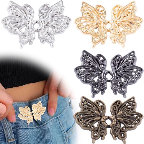 4 Sets Butterfly Waist Tightener Buttons for Pants, Adjustable Metal Jeans Waist Tightener, No Sewing Detachable Butterfly Pin Clips for Women Skirt, Loose Waist-Gold, Silver, Black, Bronze in Saudi Arabia