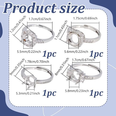 NBEADS 4 Pcs 4 Styles Prong Ring Settings, Rhinestone Cabochon Adjustable Silver Ring Base Components for Gemstone DIY Craft Jewelry Making, 17-17.8mm in Saudi Arabia