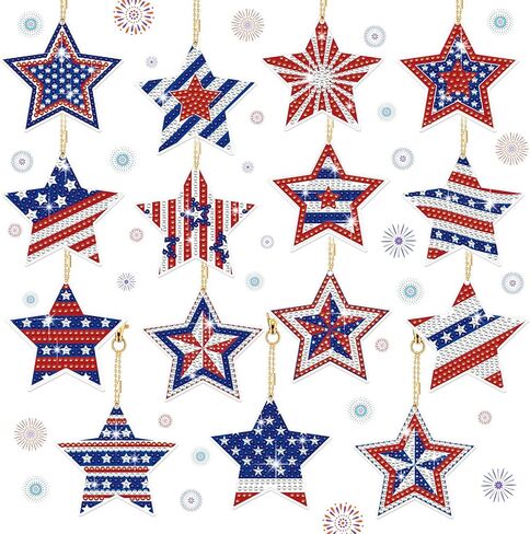 BBTO 15 Pcs 4th of July Star Diamond Art Keychains Patriotic Star Ornaments Memorial Day Rhinestone Painting Keychains Red White Blue Independence Day Diamond Art Kits for Kids Adults Crafts in Saudi Arabia