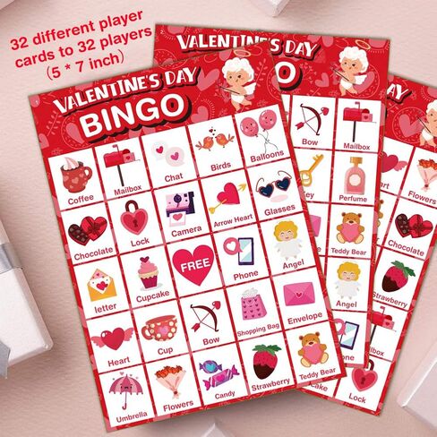Jumlys Valentines Day Large Size Bingo Game Card for Kids/Adults, 32 Players - Valentine Game for Family/School Classroom/Large Group, Valentine Party Favor for Boys & Girls in Saudi Arabia