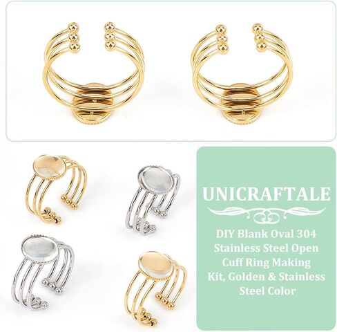 UNICRAFTALE 4 مجموعات حلقة بيضاوية فارغة من الفولاذ المقاوم للصدأ حلقة الكفة المفتوحة DIY صنع عدة حلقات ذهبية فارغة حلقة الإصبع كابوشون إعداد حلقة فارغة قابلة للتعديل قاعدة الحافة صينية لصنع المجوهرات in Kuwait