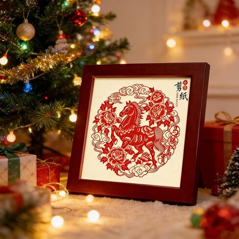 قطع فنية مؤطرة يدويًا من ورق Yuxian، سنة الفن الشعبي الصيني لديكور الحصان، ديكور طاولة صغير للمكتب المنزلي، إطار خشبي طبيعي (حصان مرتفع الثروة والازدهار، أحمر داكن) in Saudi Arabia