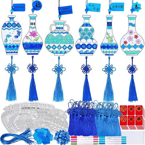Winlyn 36 Sets Chinese New Year Decorations DIY Paintable Blue and White Ming Vase Ornaments Craft Kits for Kids Asian Lunar New Year 2026 Horse Year Classroom Activities Party Favors Gift Exchange in Saudi Arabia