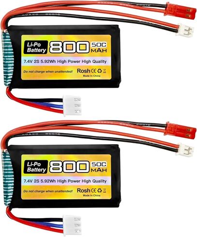 2PCS 7.4V LiPo 2S 50C JST and PH2.0 Plug 800mAh Battery for SCX24 RC Car Compatible with Most 1/10, 1/16, 1/18, 1/24 Scale RC car, Truck and RC Drone Batteries in Saudi Arabia