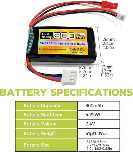2PCS 7.4V LiPo 2S 50C JST and PH2.0 Plug 800mAh Battery for SCX24 RC Car Compatible with Most 1/10, 1/16, 1/18, 1/24 Scale RC car, Truck and RC Drone Batteries in Saudi Arabia