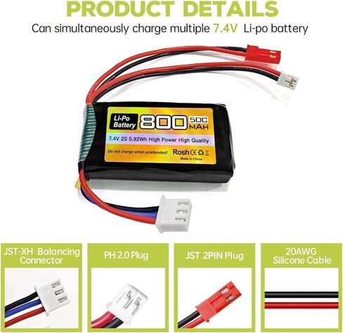 2PCS 7.4V LiPo 2S 50C JST and PH2.0 Plug 800mAh Battery for SCX24 RC Car Compatible with Most 1/10, 1/16, 1/18, 1/24 Scale RC car, Truck and RC Drone Batteries in Saudi Arabia