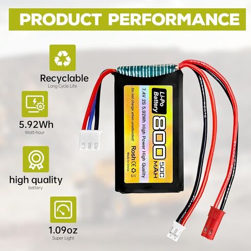 2PCS 7.4V LiPo 2S 50C JST and PH2.0 Plug 800mAh Battery for SCX24 RC Car Compatible with Most 1/10, 1/16, 1/18, 1/24 Scale RC car, Truck and RC Drone Batteries in Saudi Arabia