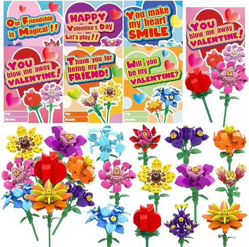 JOICEE 24 Pack Valentines Day Gifts Cards for Kids, Flower Building Blocks with Valentine Greeting Cards Bouquet Building Blocks Toys for Boys Girls Gifts School Exchange Prize Party Favors in Kuwait