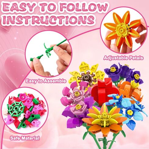 JOICEE 24 Pack Valentines Day Gifts Cards for Kids, Flower Building Blocks with Valentine Greeting Cards Bouquet Building Blocks Toys for Boys Girls Gifts School Exchange Prize Party Favors in Kuwait