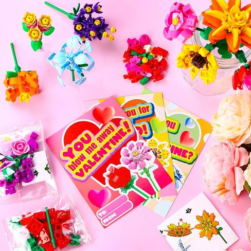 JOICEE 24 Pack Valentines Day Gifts Cards for Kids, Flower Building Blocks with Valentine Greeting Cards Bouquet Building Blocks Toys for Boys Girls Gifts School Exchange Prize Party Favors in Kuwait