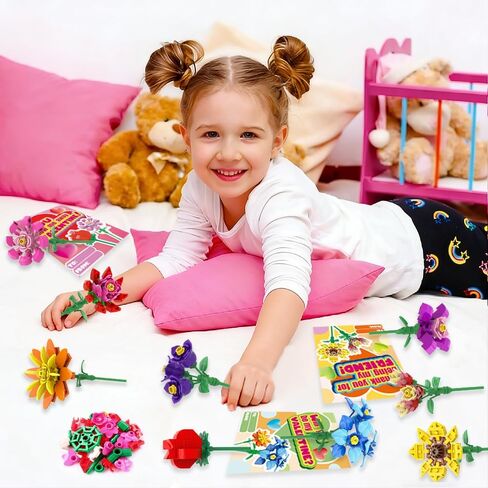 JOICEE 24 Pack Valentines Day Gifts Cards for Kids, Flower Building Blocks with Valentine Greeting Cards Bouquet Building Blocks Toys for Boys Girls Gifts School Exchange Prize Party Favors in Kuwait