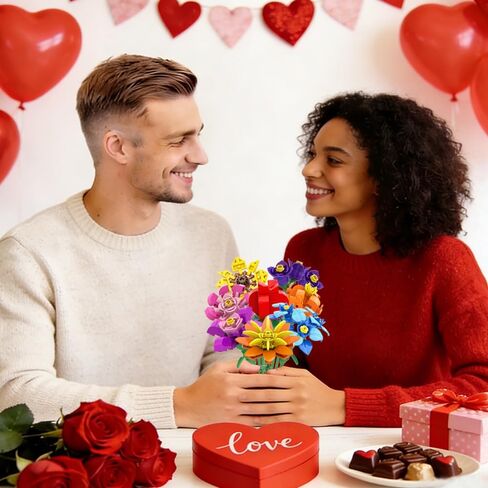 JOICEE 24 Pack Valentines Day Gifts Cards for Kids, Flower Building Blocks with Valentine Greeting Cards Bouquet Building Blocks Toys for Boys Girls Gifts School Exchange Prize Party Favors in Kuwait