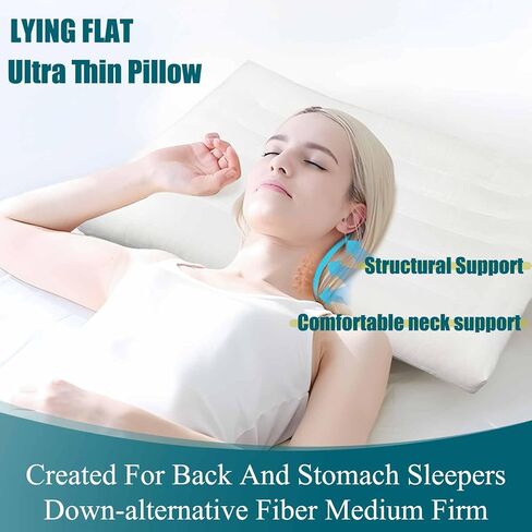 Ultra Flat Thin Pillows for Sleeping Standard Size, 2-1/2" High Slim Bed Pillow for Back Stomach Sleepers Down Alternative Filling Hypoallergenic White 18x26 in in Saudi Arabia