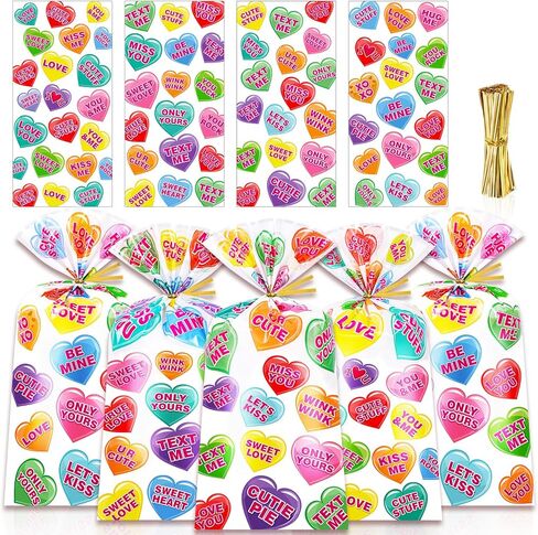 HOWAF 100pcs Valentine‘s Day Conversation Heart Cellophane Treat Bags with Twist Ties, Clear Conversation & Candy Heart Candy Goodie Bags for Valentines Party Favor, Wedding, Gift Wrapping Supplies (4 Designs) in Saudi Arabia