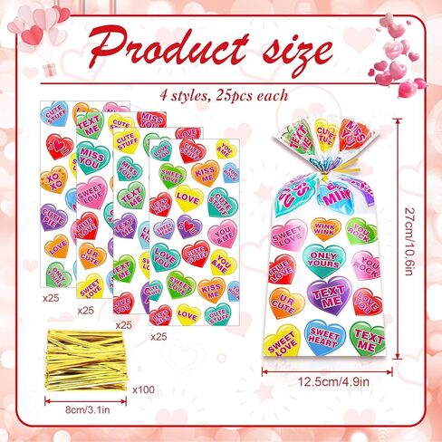 HOWAF 100pcs Valentine‘s Day Conversation Heart Cellophane Treat Bags with Twist Ties, Clear Conversation & Candy Heart Candy Goodie Bags for Valentines Party Favor, Wedding, Gift Wrapping Supplies (4 Designs) in Saudi Arabia