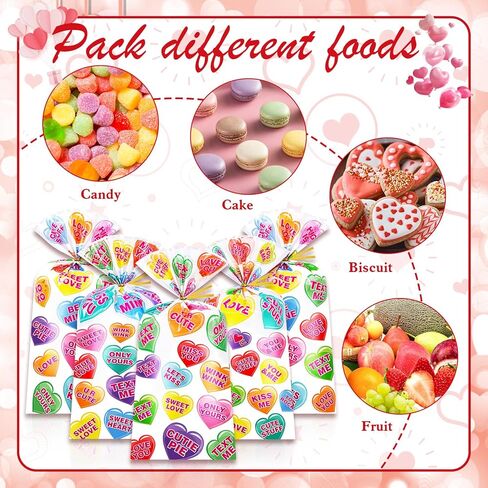 HOWAF 100pcs Valentine‘s Day Conversation Heart Cellophane Treat Bags with Twist Ties, Clear Conversation & Candy Heart Candy Goodie Bags for Valentines Party Favor, Wedding, Gift Wrapping Supplies (4 Designs) in Saudi Arabia
