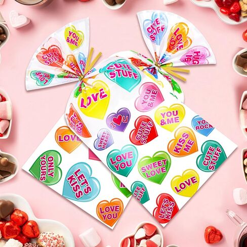 HOWAF 100pcs Valentine‘s Day Conversation Heart Cellophane Treat Bags with Twist Ties, Clear Conversation & Candy Heart Candy Goodie Bags for Valentines Party Favor, Wedding, Gift Wrapping Supplies (4 Designs) in Saudi Arabia