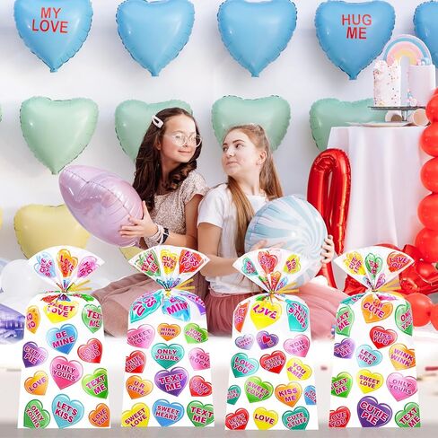 HOWAF 100pcs Valentine‘s Day Conversation Heart Cellophane Treat Bags with Twist Ties, Clear Conversation & Candy Heart Candy Goodie Bags for Valentines Party Favor, Wedding, Gift Wrapping Supplies (4 Designs) in Saudi Arabia