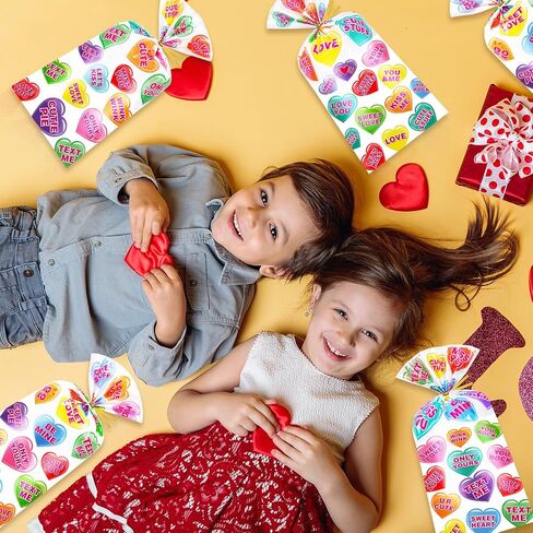 HOWAF 100pcs Valentine‘s Day Conversation Heart Cellophane Treat Bags with Twist Ties, Clear Conversation & Candy Heart Candy Goodie Bags for Valentines Party Favor, Wedding, Gift Wrapping Supplies (4 Designs) in Saudi Arabia