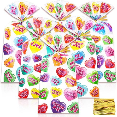HOWAF 100pcs Valentine‘s Day Conversation Heart Cellophane Treat Bags with Twist Ties, Clear Conversation & Candy Heart Candy Goodie Bags for Valentines Party Favor, Wedding, Gift Wrapping Supplies (4 Designs) in Saudi Arabia