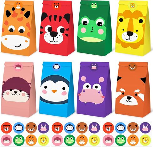 JOHOUSE 24 Pack Animal Party Favor Bags with Stickers, 4.7"x 3.1"x 8.7" Paper Goodie Treat Bags for Kids Birthdays, Bulk Gift Packaging Supplies, Candy Snack Party Decorations in Saudi Arabia