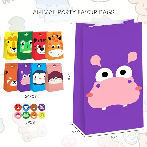 JOHOUSE 24 Pack Animal Party Favor Bags with Stickers, 4.7"x 3.1"x 8.7" Paper Goodie Treat Bags for Kids Birthdays, Bulk Gift Packaging Supplies, Candy Snack Party Decorations in Saudi Arabia