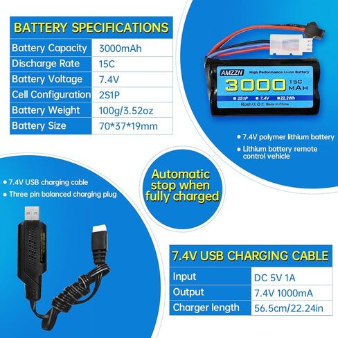 7.4V 3000mAh 15C 2S SM-2P Plug Li-ion Battery with USB Charging Cable for RC Ship, Car, Truck, Boat, Drone in Saudi Arabia