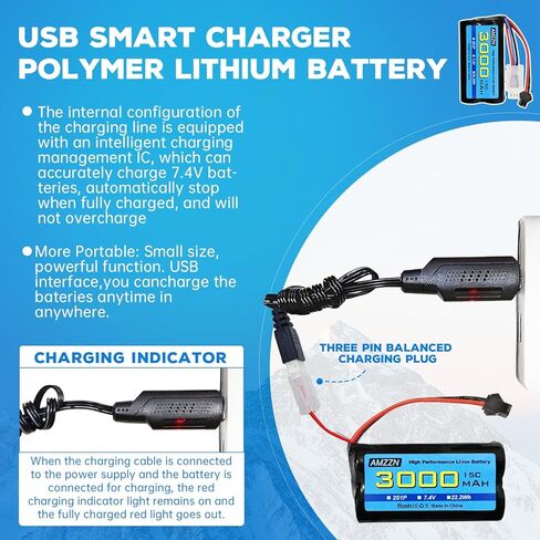 7.4V 3000mAh 15C 2S SM-2P Plug Li-ion Battery with USB Charging Cable for RC Ship, Car, Truck, Boat, Drone in Saudi Arabia