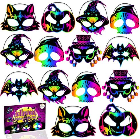 JMUQ Halloween Crafts Scratch Mask for Kids, Halloween Games Scratch Art Craft Kit Rainbow Paper for Party Favors Supplies in Saudi Arabia