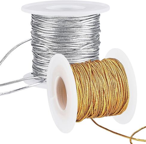2 Rolls 43.74 Yards 1.5MM Gold Silver Elastic Stretchy String Metallic Tinsel Rope Christmas Sparkly Stretch Ribbon Cord for Sewing Making Jewelry Bracelets Beading Crafts Ornaments Braiding in Saudi Arabia