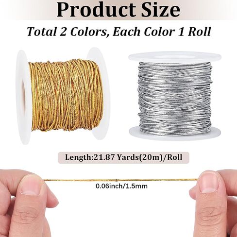 2 Rolls 43.74 Yards 1.5MM Gold Silver Elastic Stretchy String Metallic Tinsel Rope Christmas Sparkly Stretch Ribbon Cord for Sewing Making Jewelry Bracelets Beading Crafts Ornaments Braiding in Saudi Arabia
