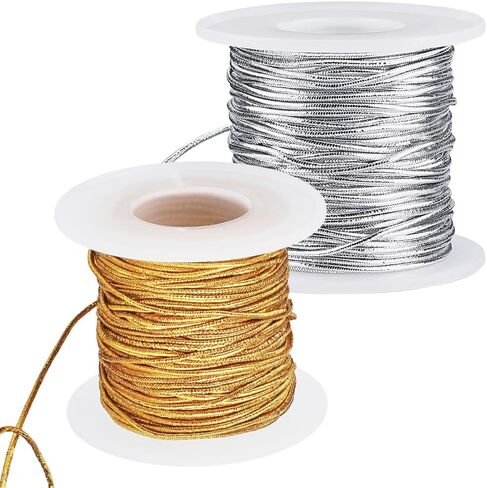 2 Rolls 43.74 Yards 1.5MM Gold Silver Elastic Stretchy String Metallic Tinsel Rope Christmas Sparkly Stretch Ribbon Cord for Sewing Making Jewelry Bracelets Beading Crafts Ornaments Braiding in Saudi Arabia