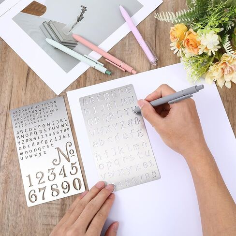 Metal Stencils for Wood Burning, 2 Pcs Stencils for Engraving Pen & Wood Burning, 4x7 Inch Reusable Alphabet Number Font Templates for Metal Leather Glass DIY Crafts in Kuwait